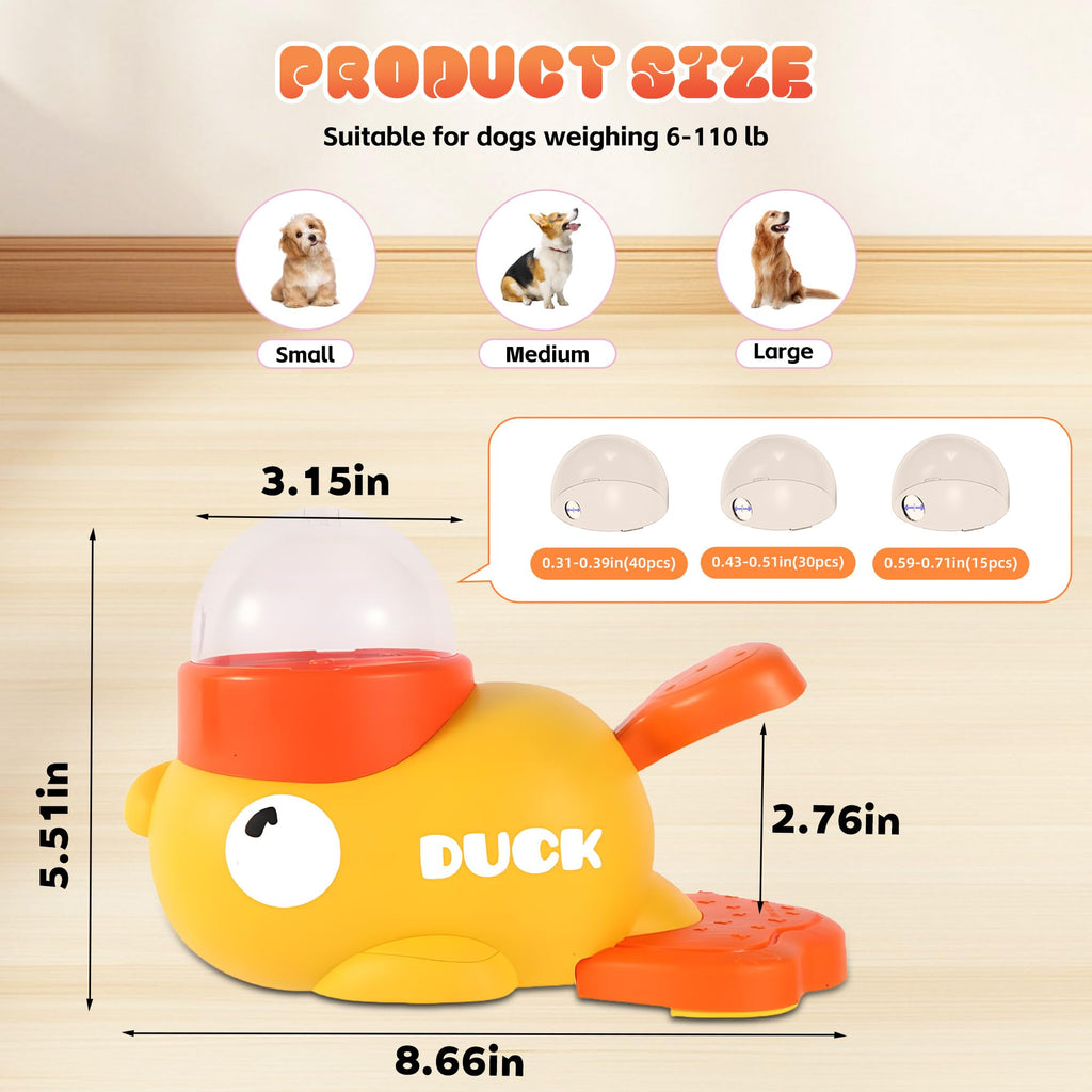 Yellow duck-shaped treat dispenser puzzle toy with clear dome and orange feeding lever.