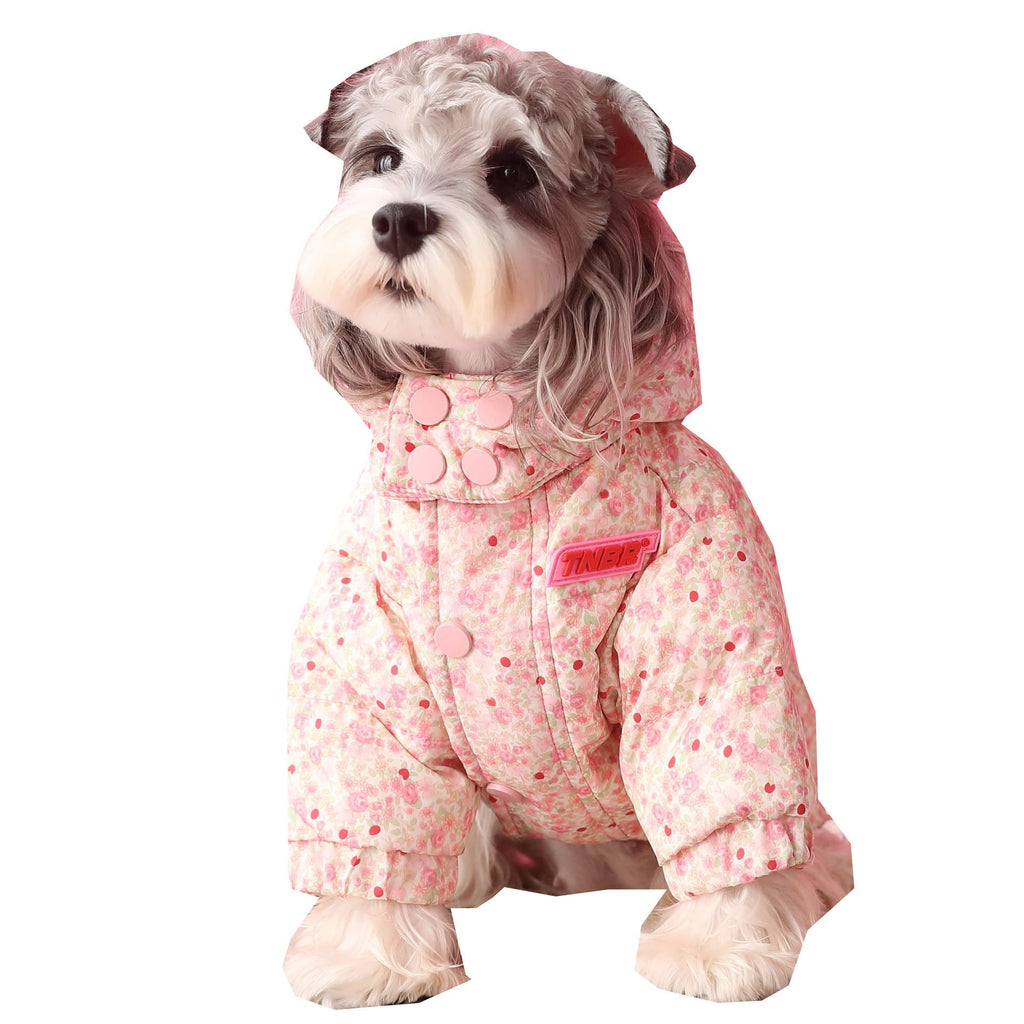 Floral pet down jacket in pink, with hood, front zipper and button placket