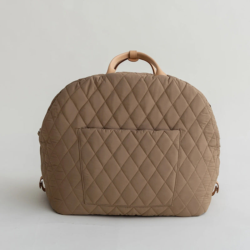 Khaki quilted pet handbag with top handle and front zip pocket