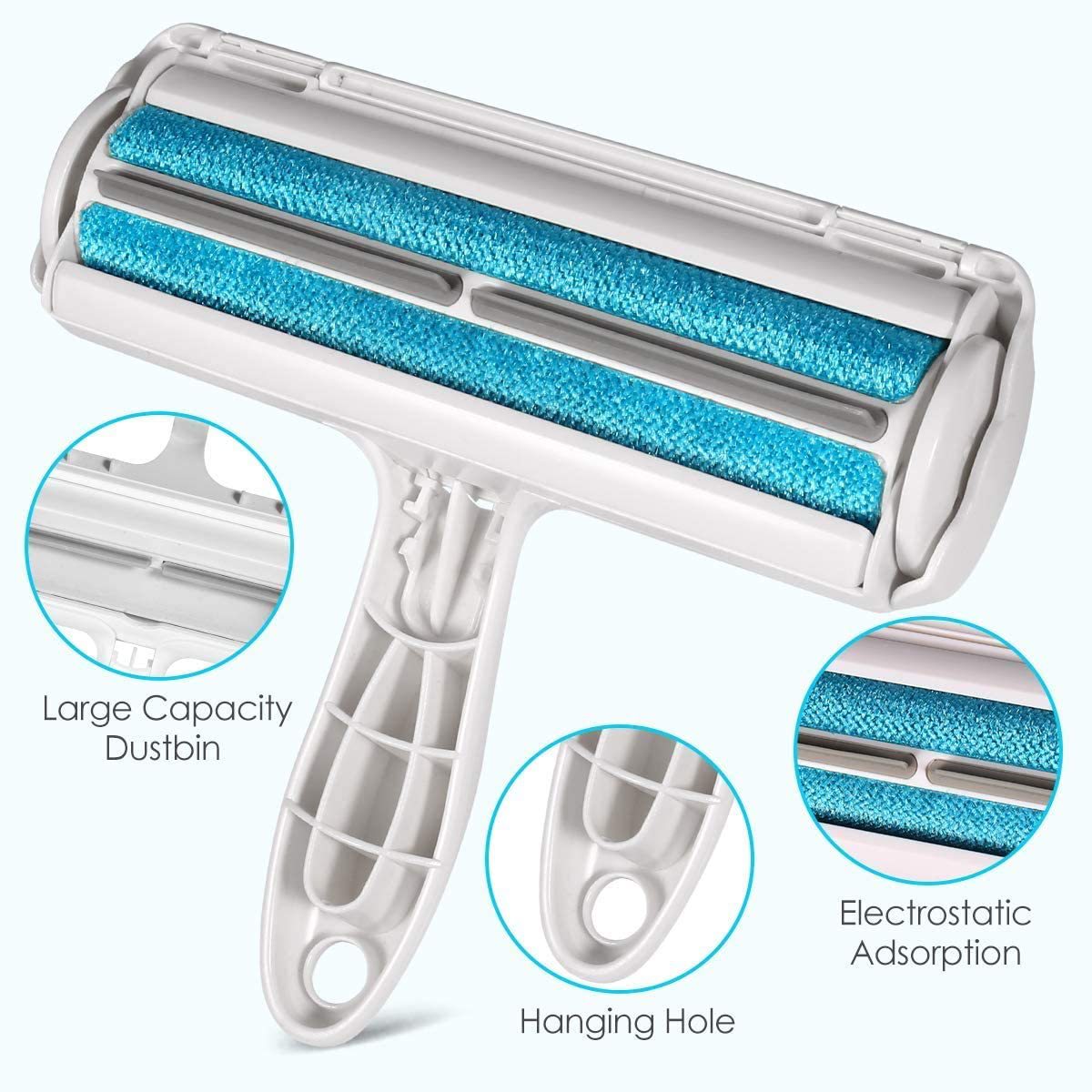 Pet hair remover tool with blue lint rollers, dustbin, and hanging hole