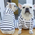 Black-and-white striped pet hoodie with hood and white drawstrings on a dog