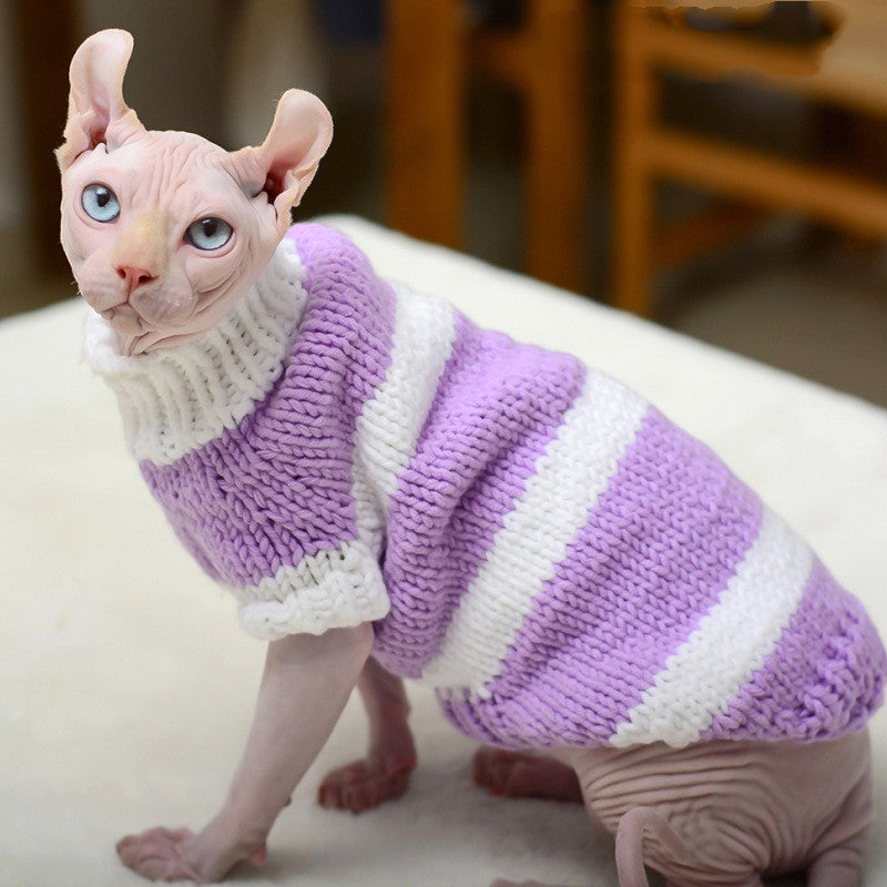 Cat sweater with purple and white striped knit and white turtleneck collar