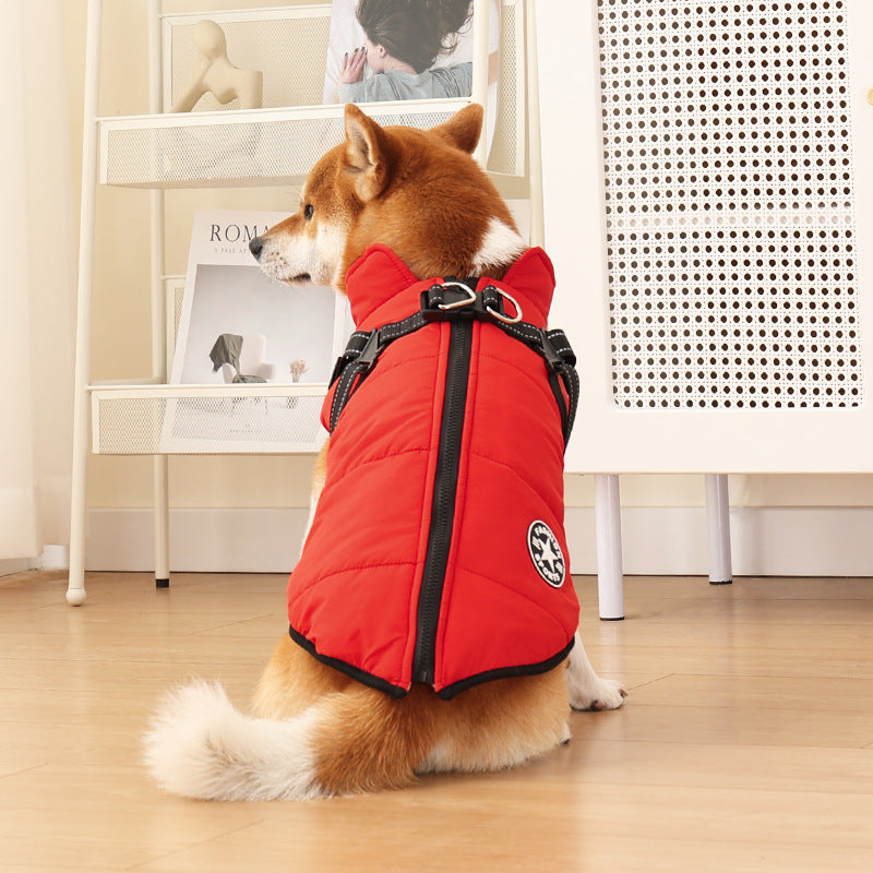 Fleece-lined padded dog coat in red with front zipper, padded hood, and straps
