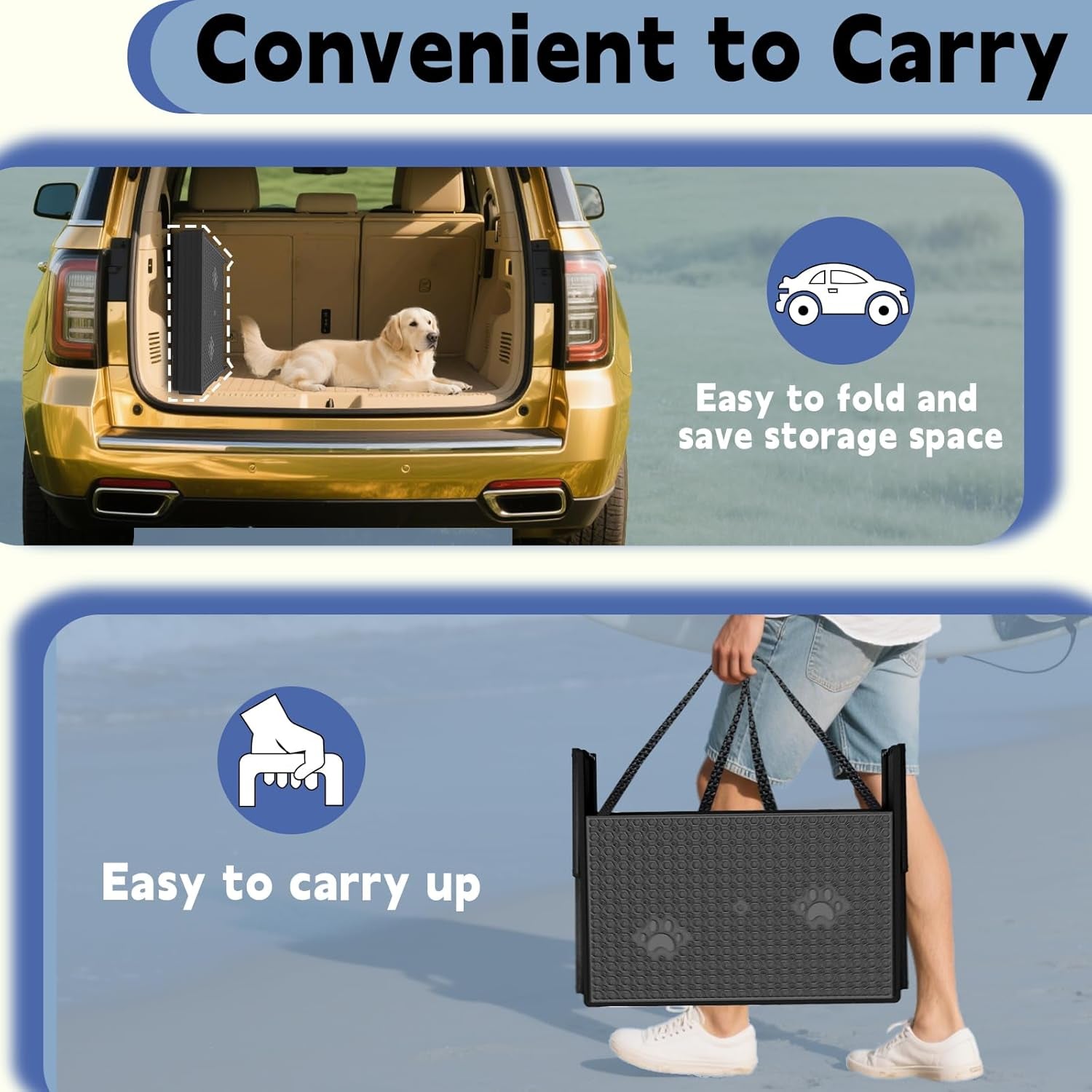Folded black dog stairs with carry handle, compact for storage and transport