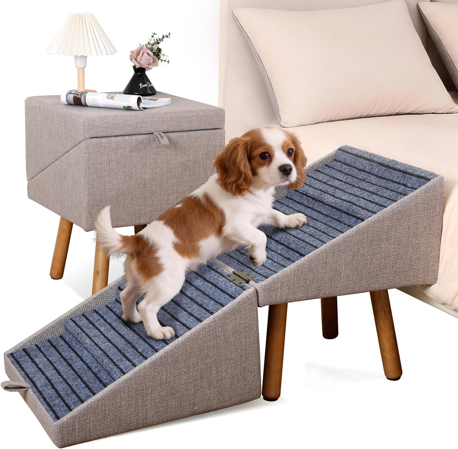 Folding pet stairs ottoman in light beige fabric with dark blue non-slip tread