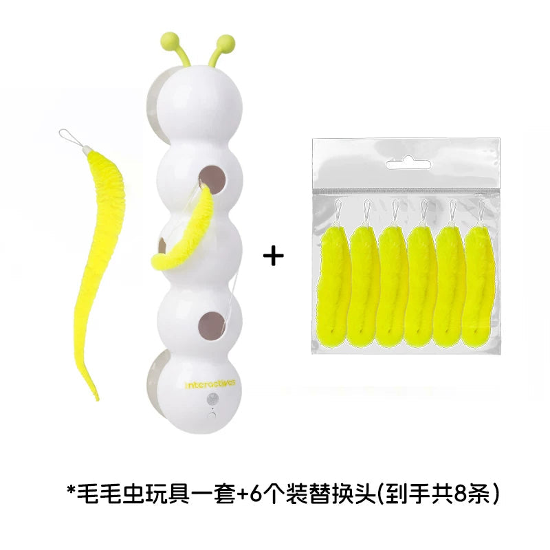 Electric cat teaser rod with yellow fuzzy replacement wand set, white and green design