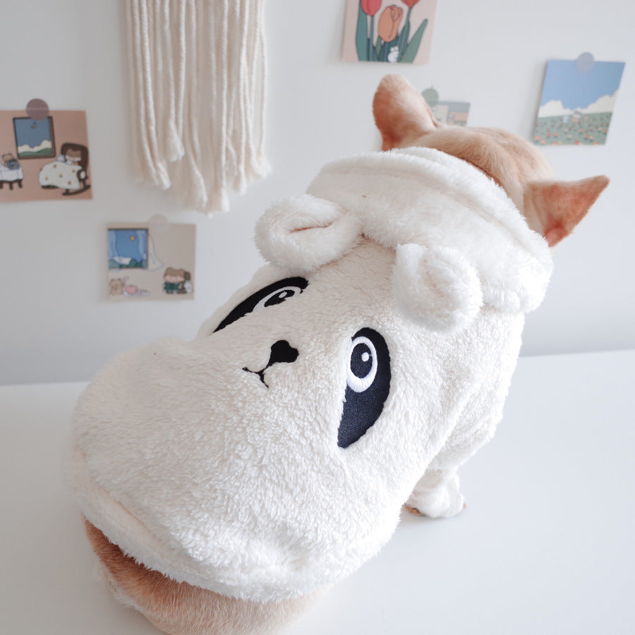 Cream hooded pet vest with cartoon face applique, soft plush fleece fabric