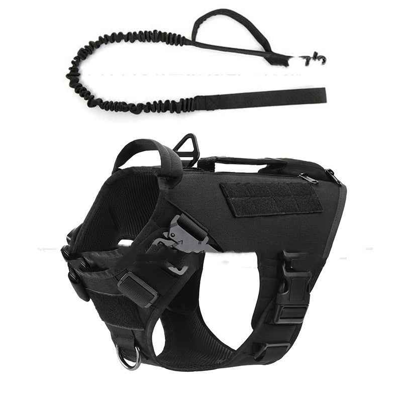 Black tactical dog harness with coiled leash and chest panel with webbing straps