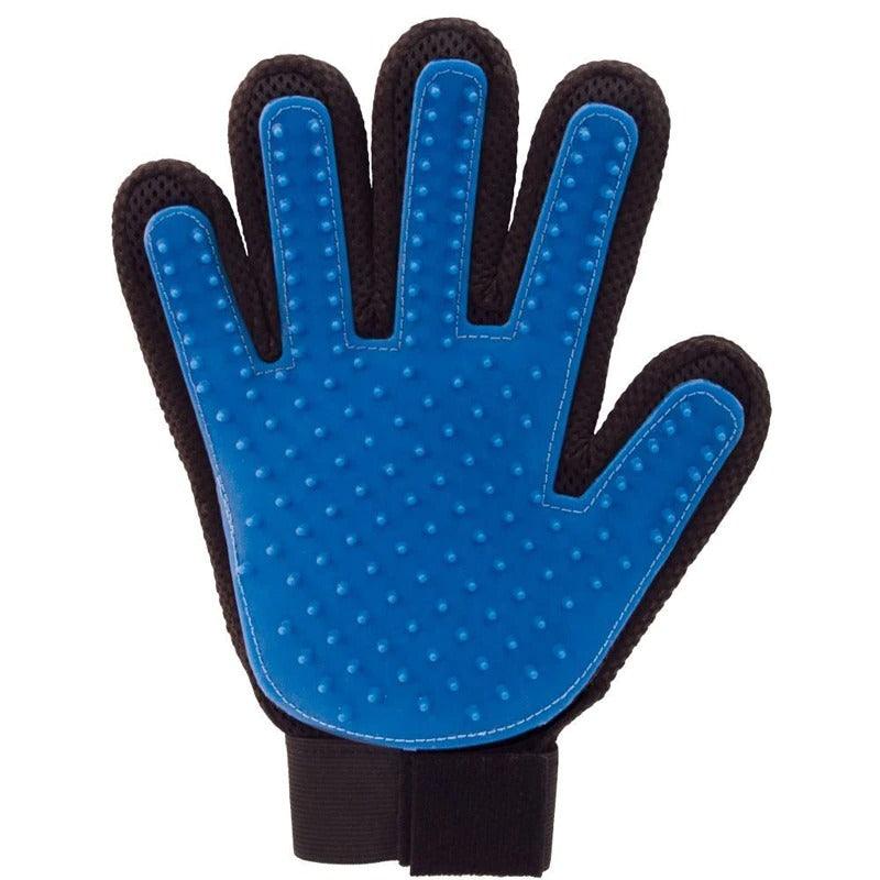 Blue pet grooming glove with dotted rubber nubs and black wrist strap, front view.