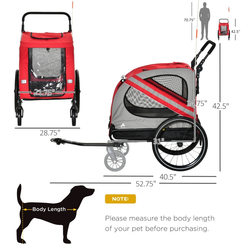 Red pet trailer stroller side view with front door window and frame