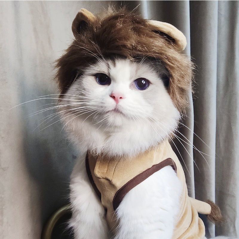 Pet lion hood costume with beige bodysuit and brown trim, plush mane hood