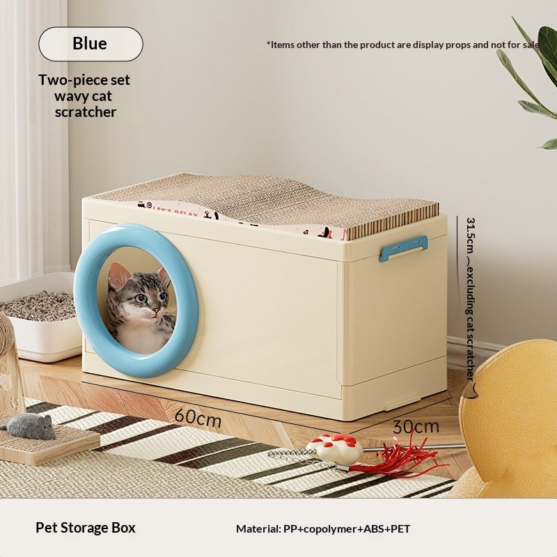 Cream pet storage box with blue ring cat entrance and top corrugated scratch pad