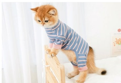 Blue-and-white striped cat onesie with light blue paw accents, four-legged