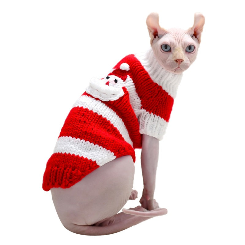 Cat warm sweater, red and white striped knit with cartoon Santa face patch