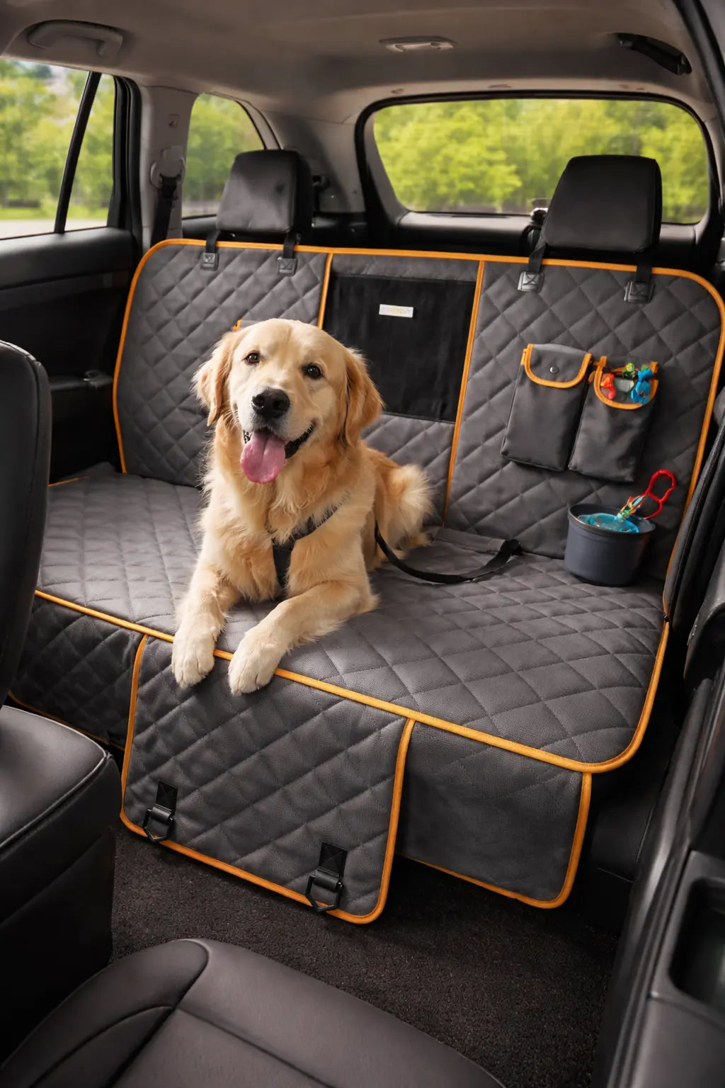 Quilted dog car seat hammock cover, dark gray with orange trim and secured straps