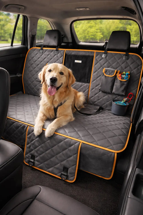 Waterproof car seat cover hammock with quilted dark gray panels and orange trim