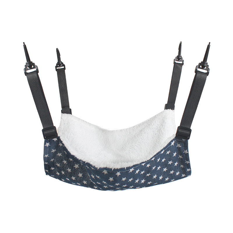 Cat cage hanging hammock bed with navy star print fabric, white plush lining and black straps