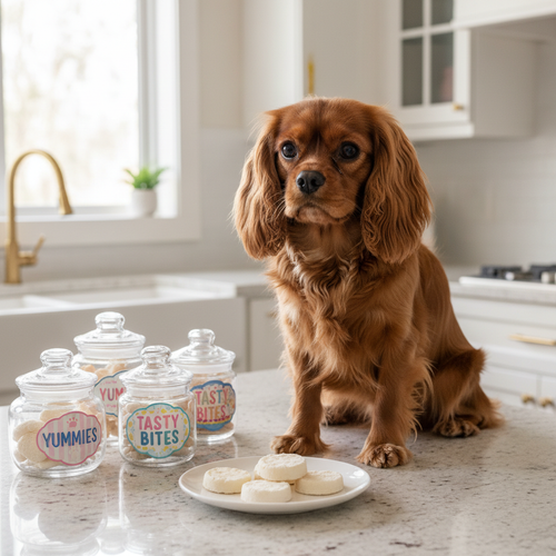 Crunchy baked yogurt pet treats with white rounds on plate and glass flavor jars
