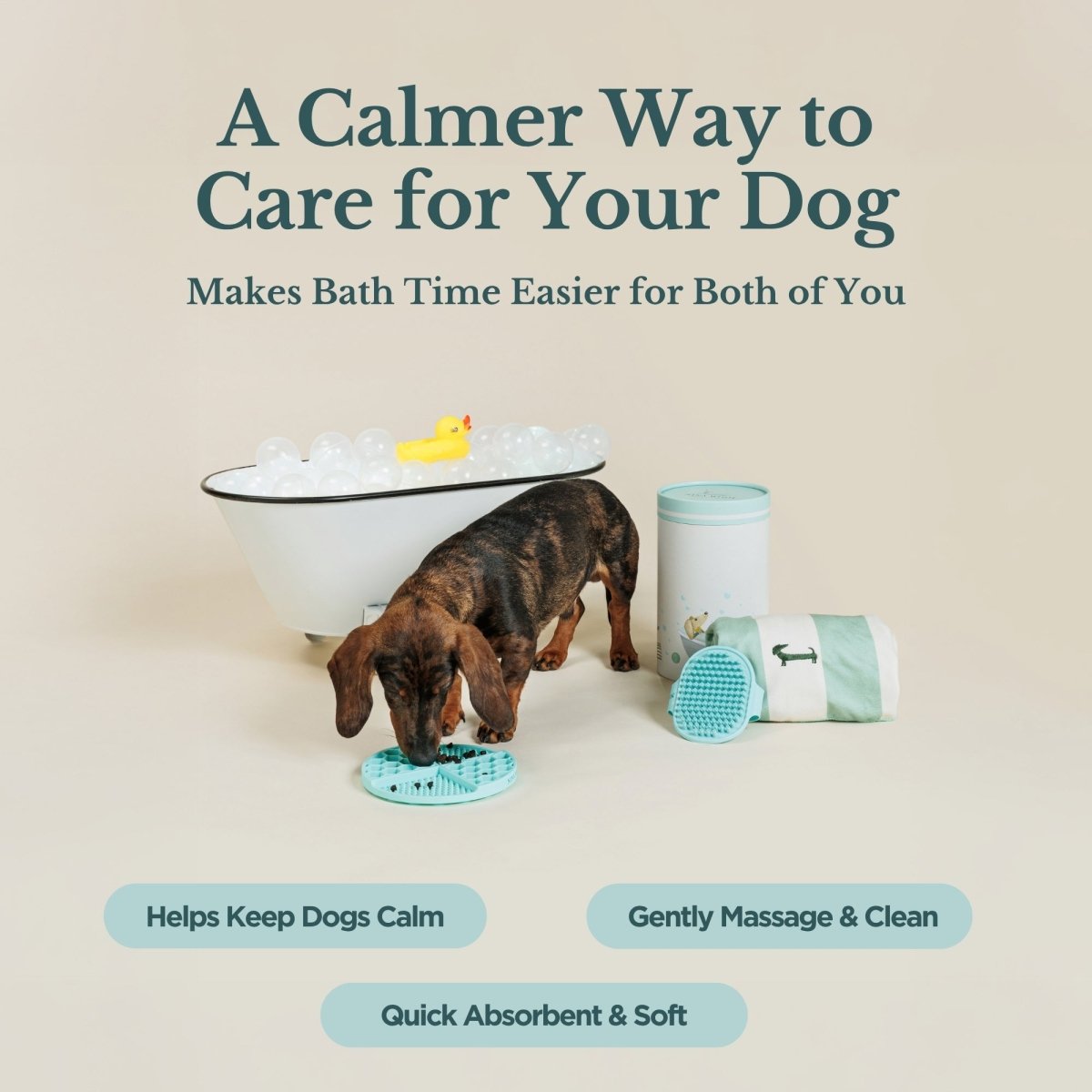 Dog bath set with teal silicone brush, lick mat, rolled towel, and mint container