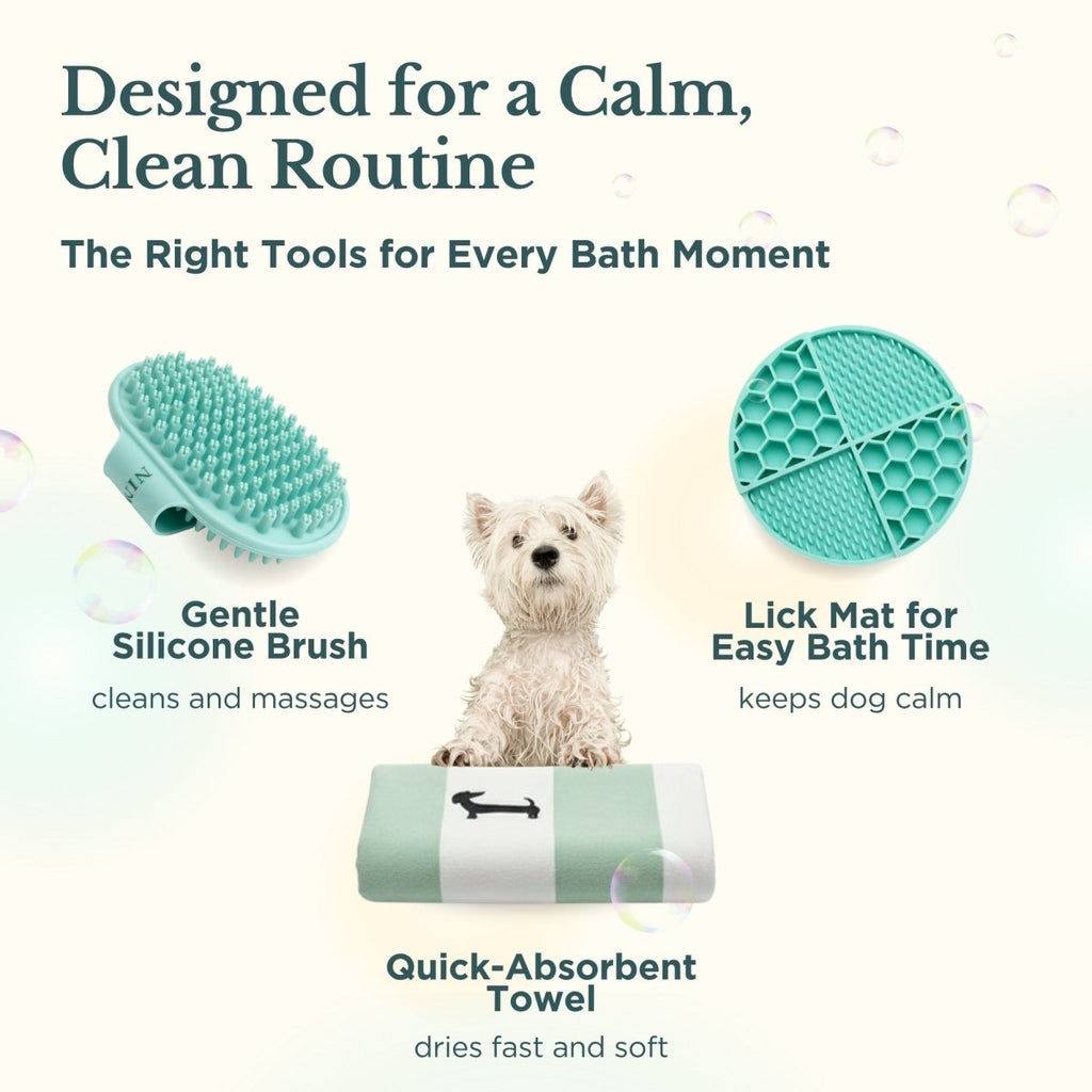 Teal silicone grooming brush and honeycomb lick mat with quick-absorbent towel