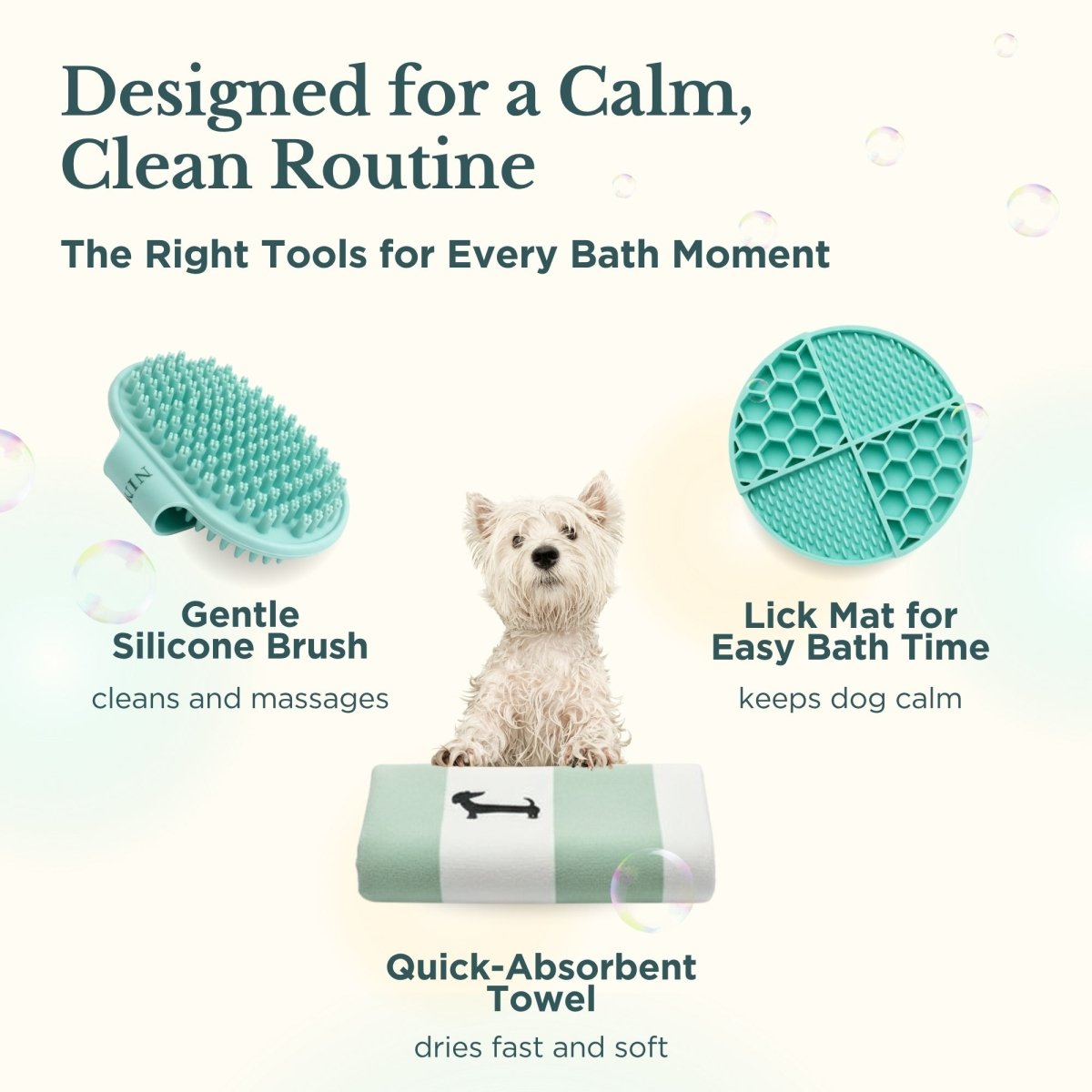 Teal silicone grooming brush and honeycomb lick mat with quick-absorbent towel