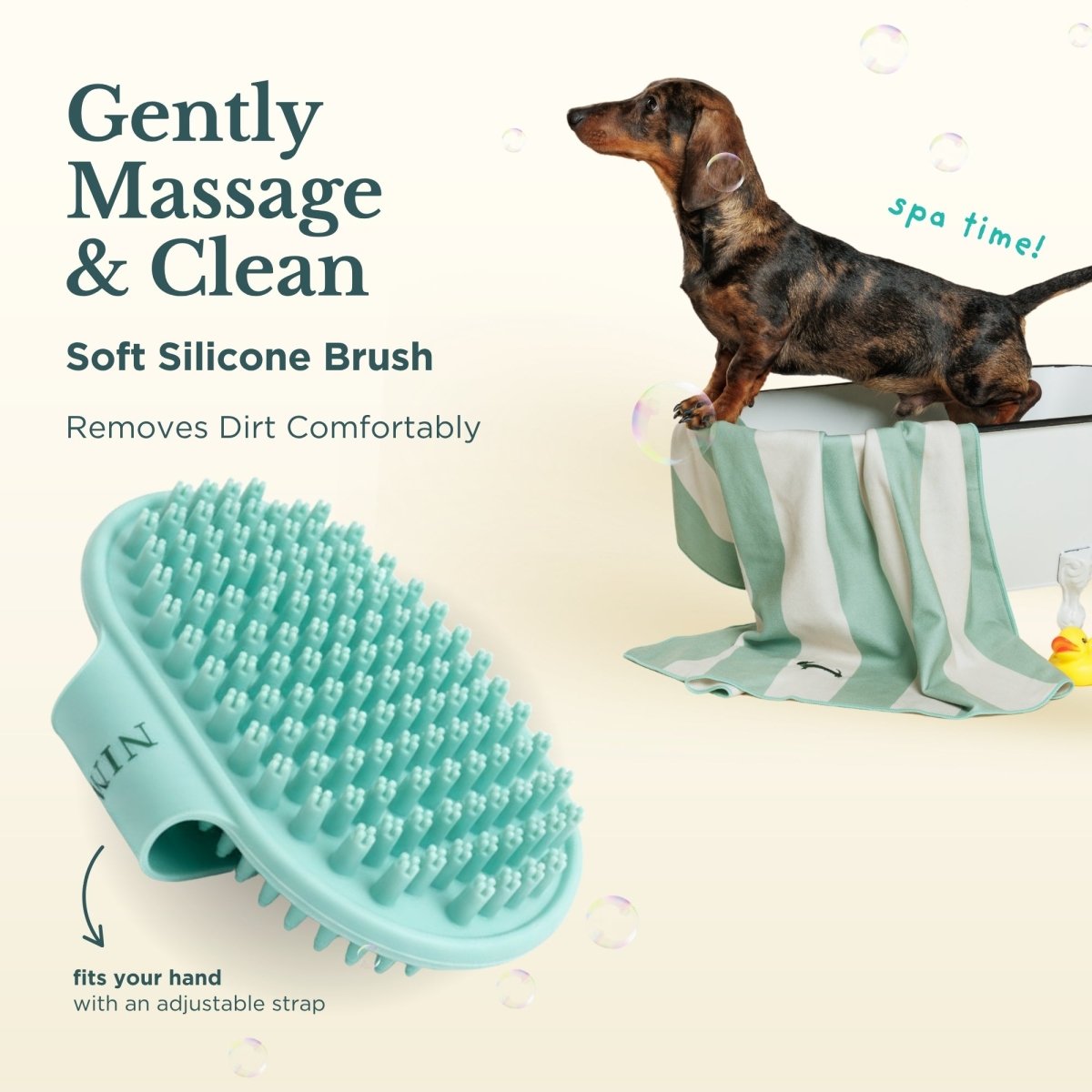 Teal soft silicone massage brush and rolled mint-and-white towel for gentle bathing