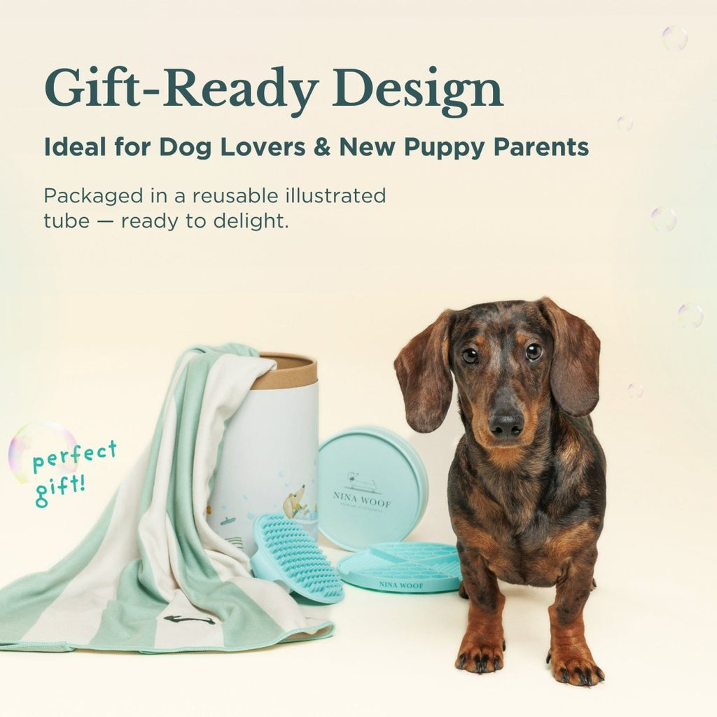 Gift-ready dog bath kit with mint-and-white towel, grooming tools, and illustrated tube