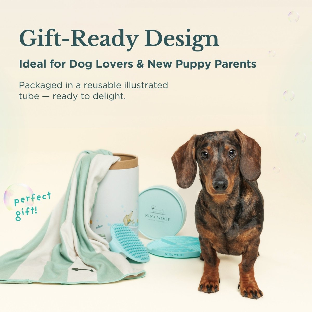Gift-ready dog bath kit with mint-and-white towel, grooming tools, and illustrated tube