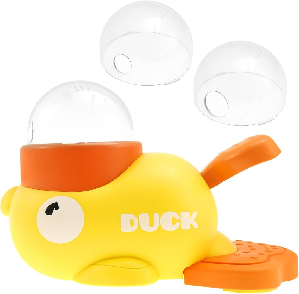 Yellow duck-shaped treat dispenser with clear dome lids and orange feeding platform.