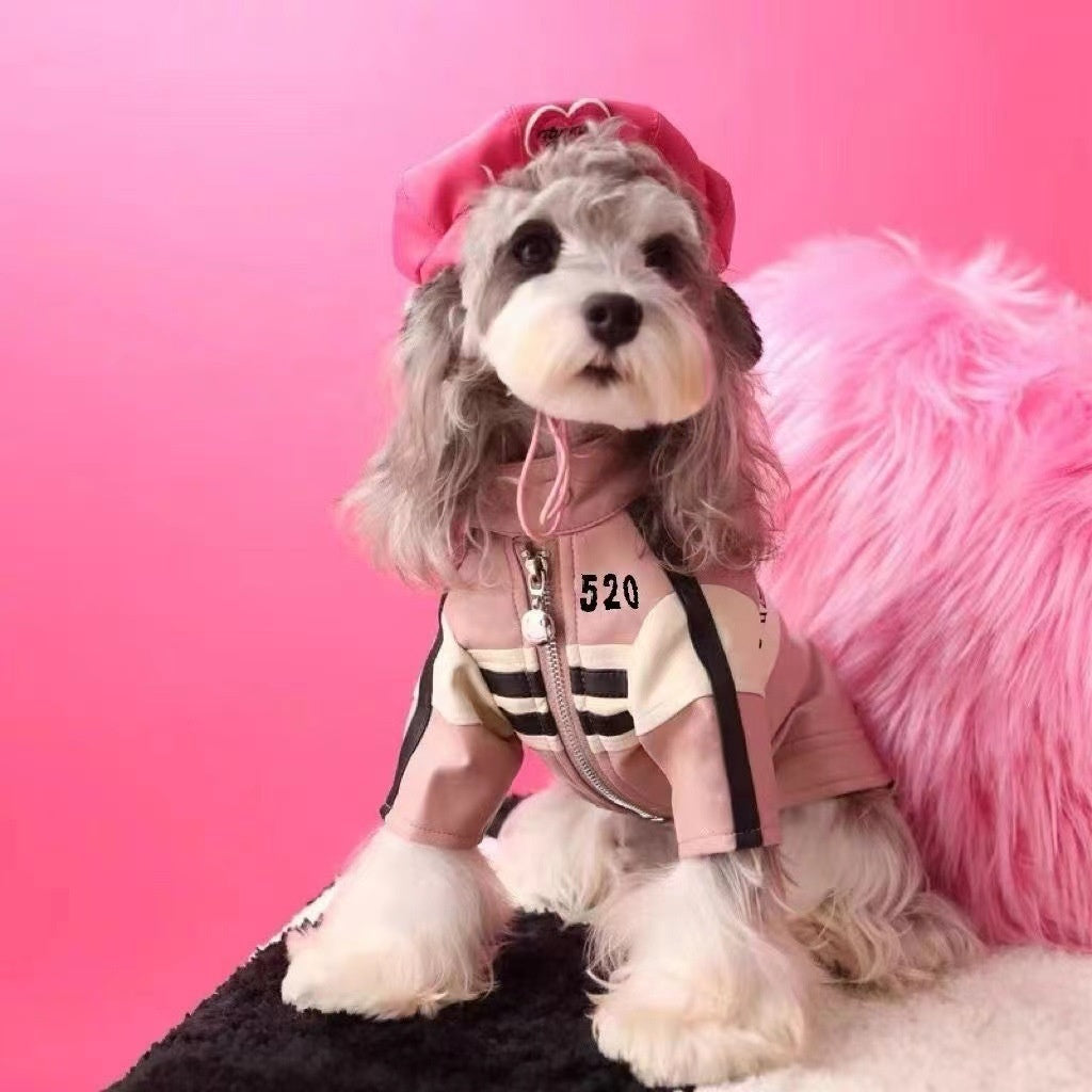 Dog motorcycle jacket coat with zipper front and 520 patch in pink