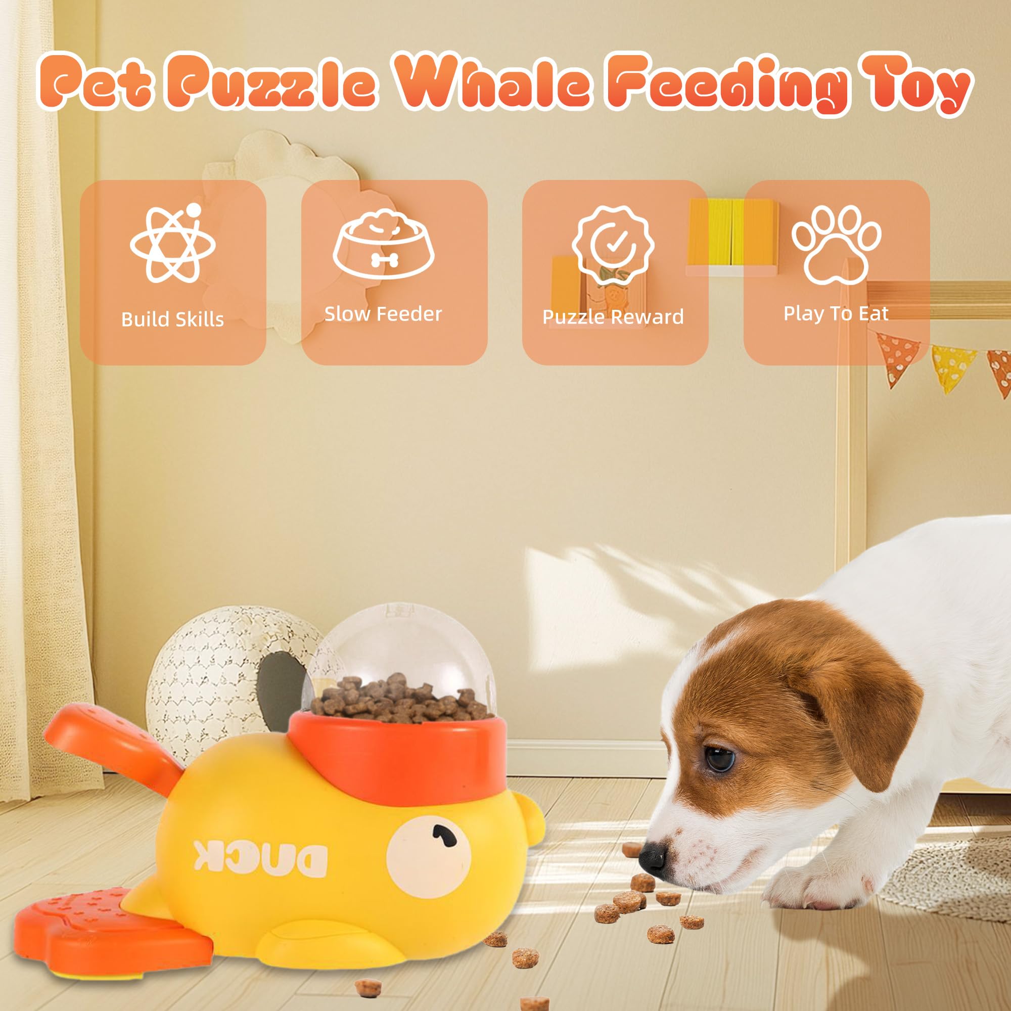 Yellow duck-shaped slow feeder treat dispenser toy with clear dome lid and orange tray.