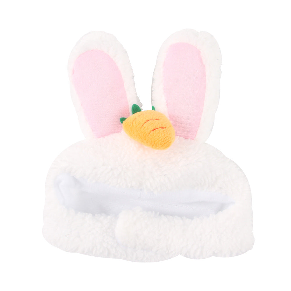 White bunny hood hat with pink inner ears and yellow nose patch