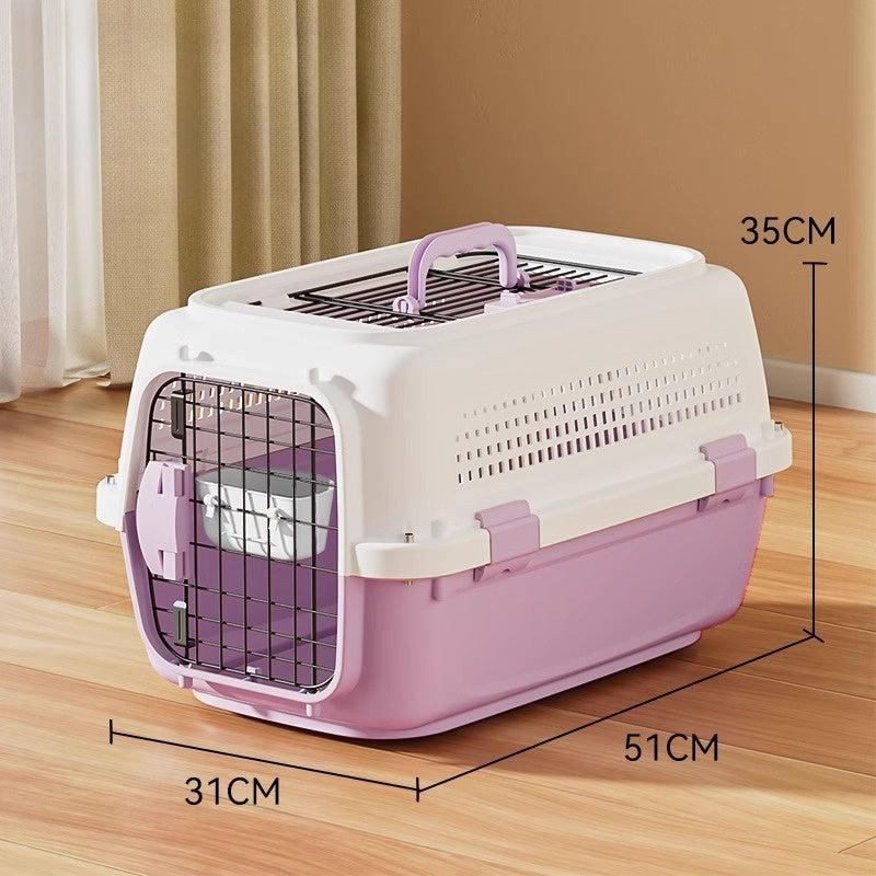 Airline-approved pet carrier crate with purple accents and wire front door