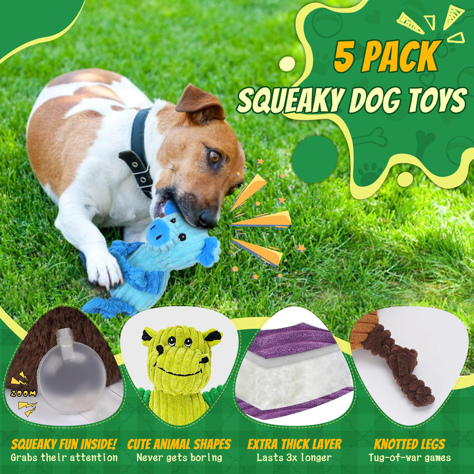 5 Pack Squeaky  Plush Dog Toy Bundle