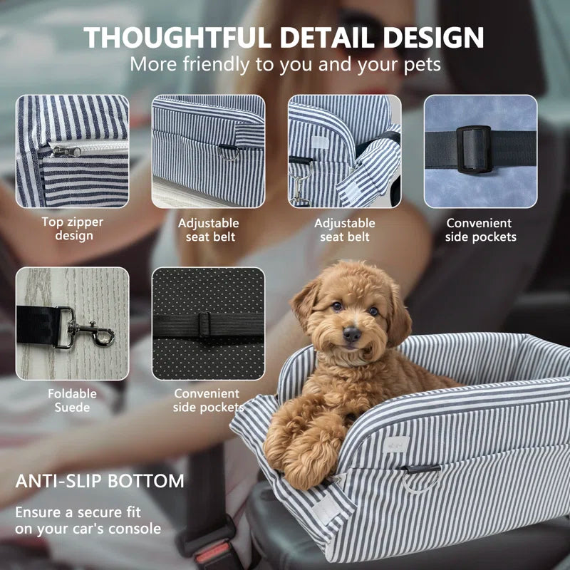 Striped dog car seat with anti-slip bottom, adjustable seat belts, and side pockets