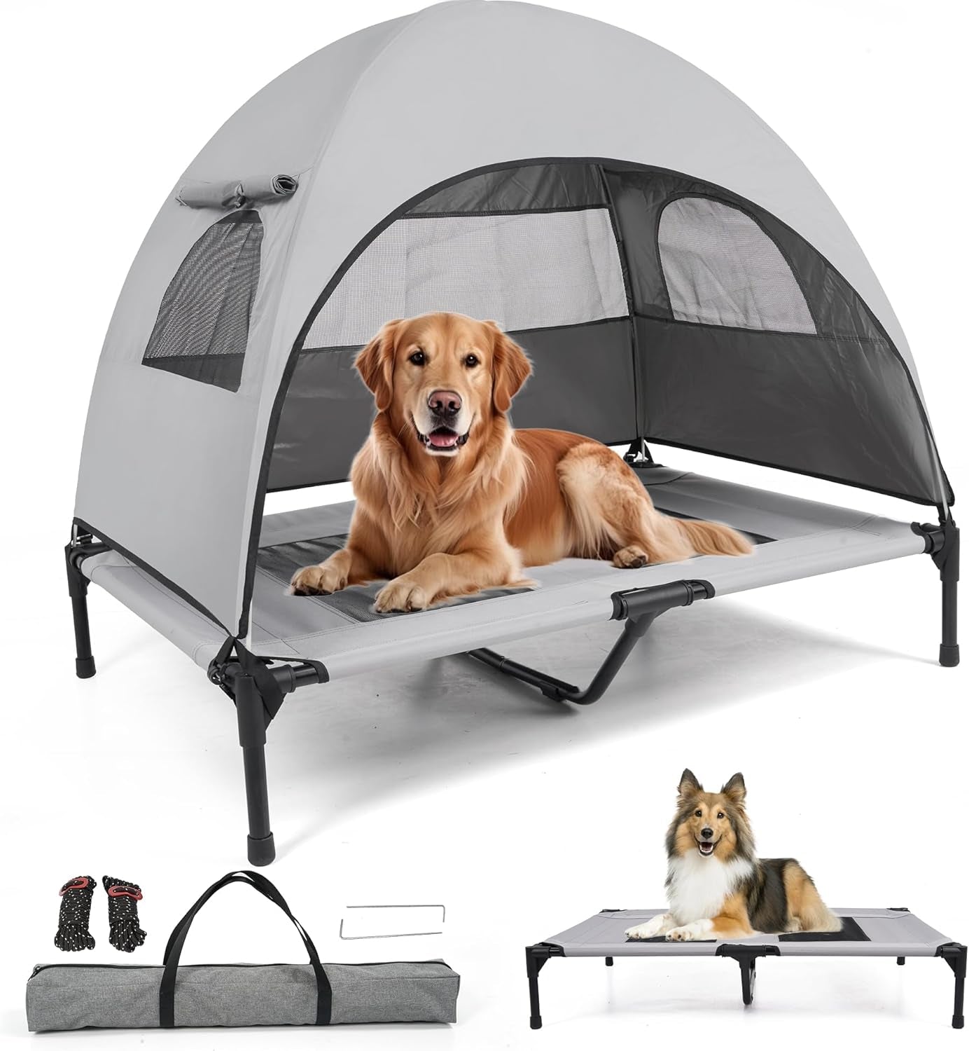 Elevated outdoor dog bed with gray canopy, mesh sides, and compact foldable frame