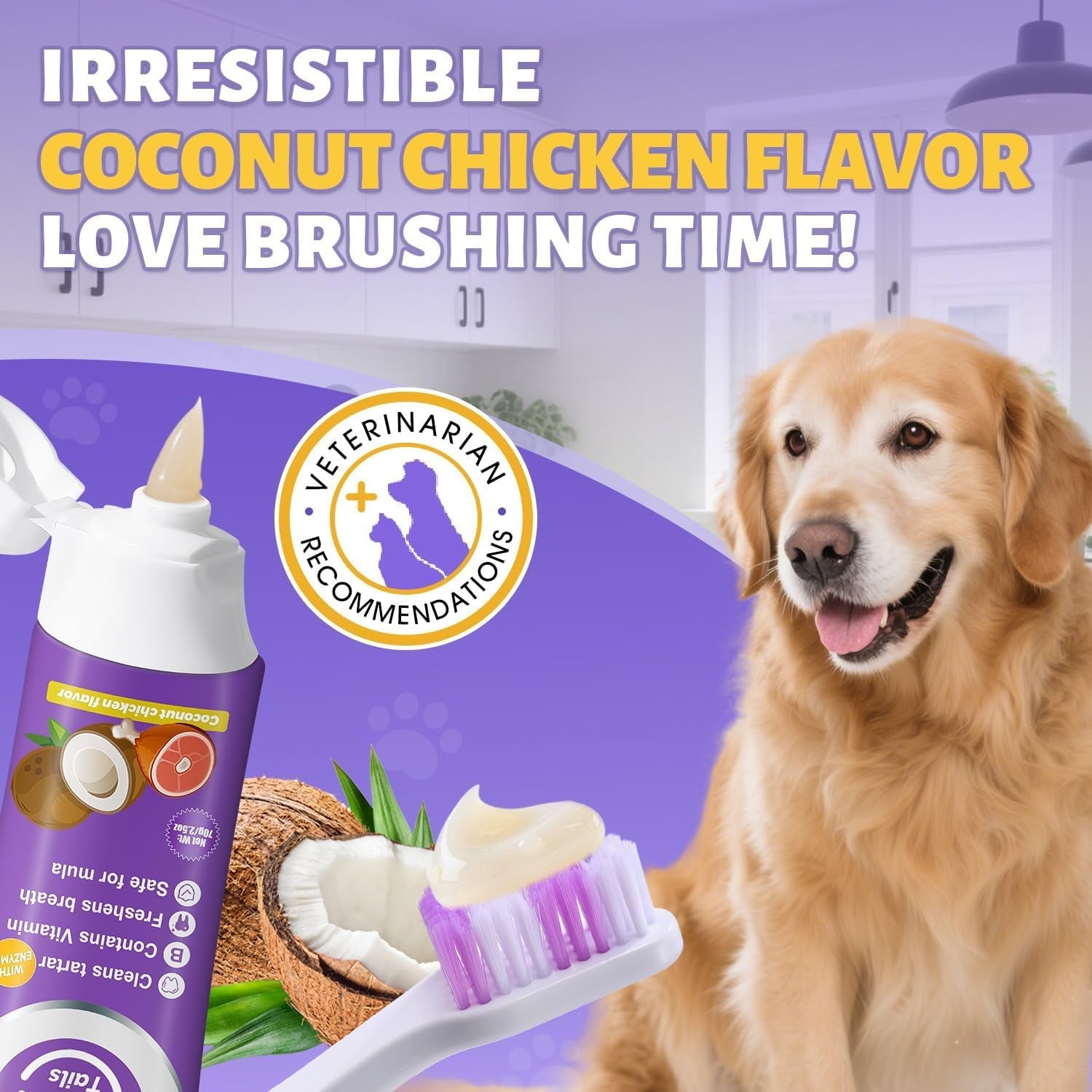 Coconut-chicken flavored dog toothpaste and purple toothbrush with golden retriever