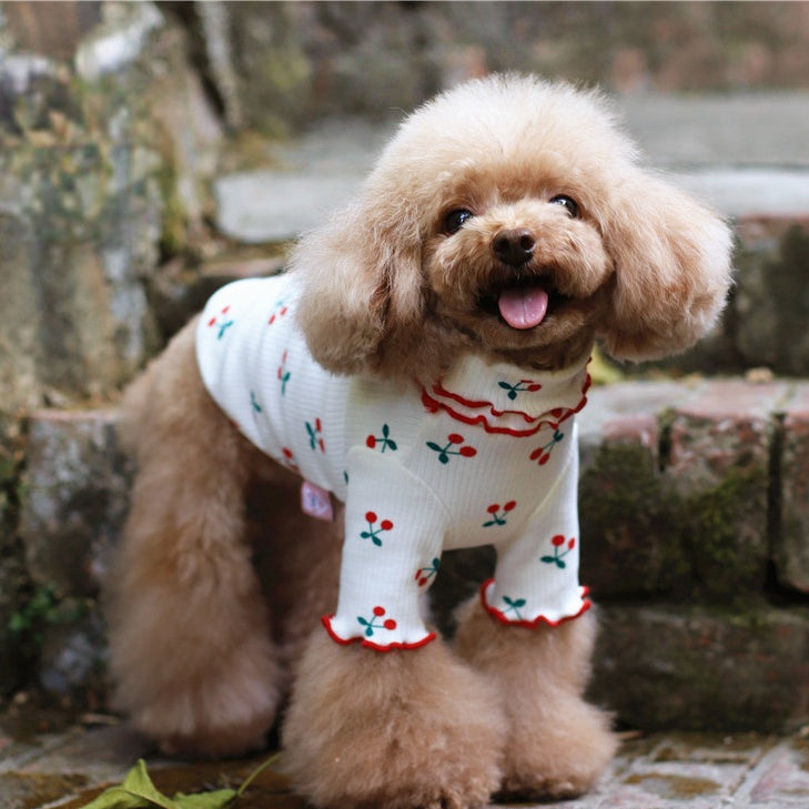 Dog sitting in white cherry-print cotton top with red wavy lapel trim and hem cuffs
