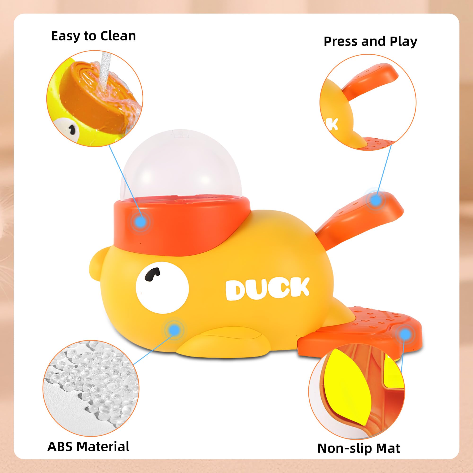 Yellow duck-shaped treat dispenser with clear dome lid and orange base, shown with cleaning.