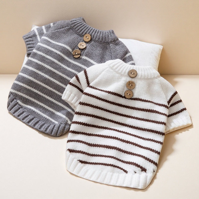 Dog knit sweaters: gray & white stripes, wood-button collar