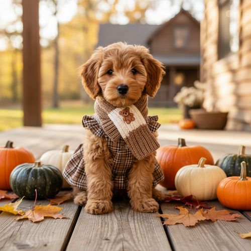 Plaid puppy dress with matching scarf, brown and beige, teddy embroidery