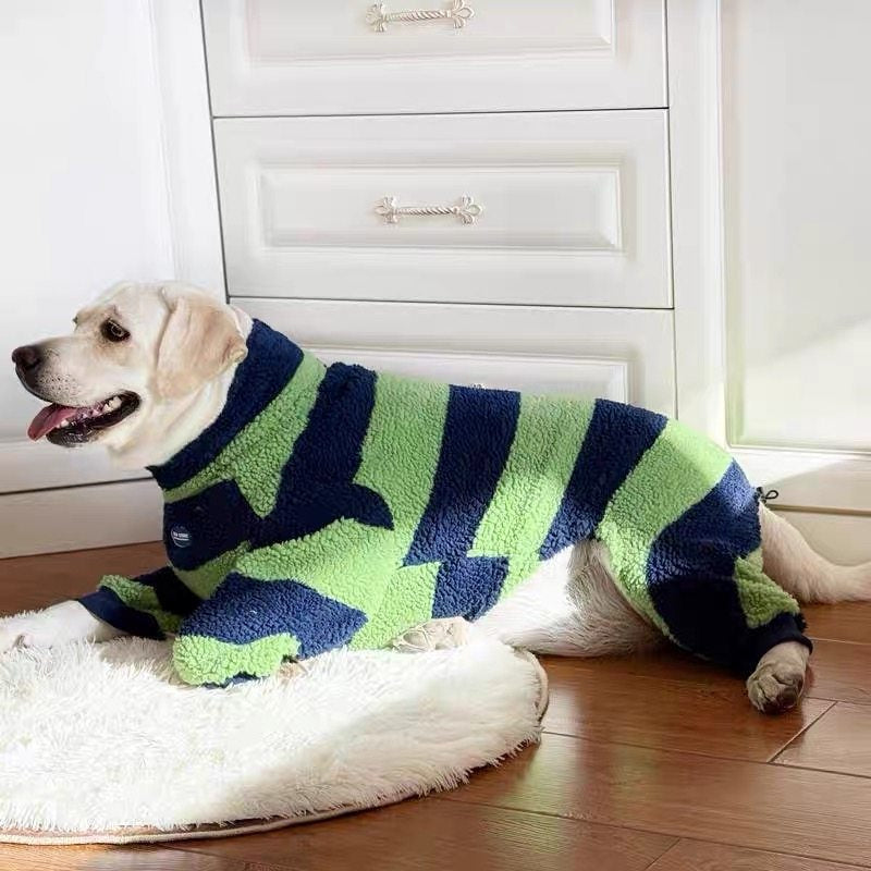 Green and blue striped dog fleece hoodie with navy accents