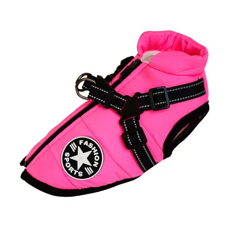 Fleece-lined padded dog coat in bright pink with front zipper and chest strap