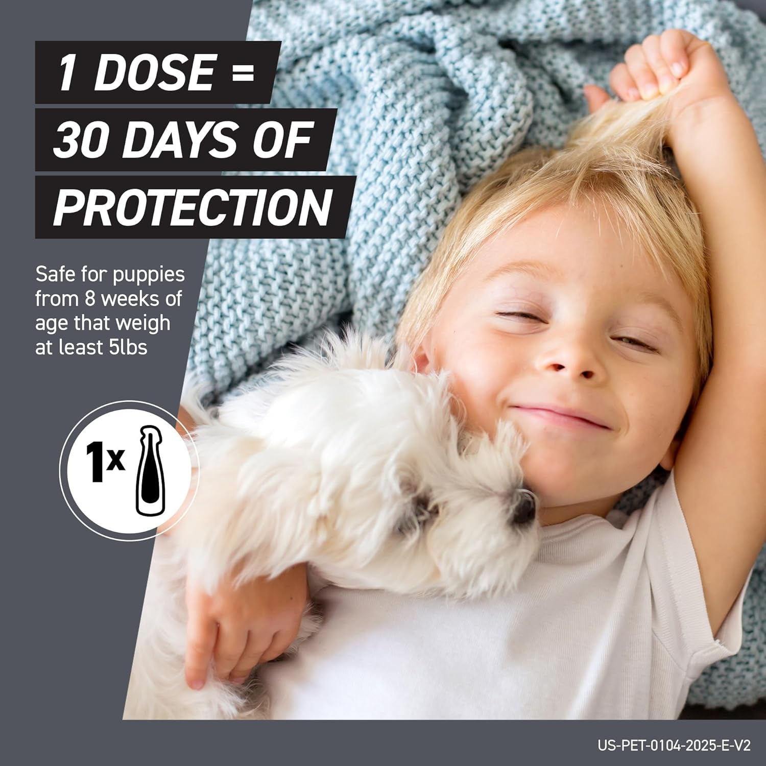 1 dose equals 30 days of protection graphic with child holding small white dog