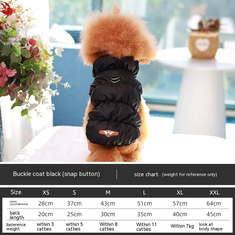 Black cotton dog puffer vest with round buckle strap and small patch logo