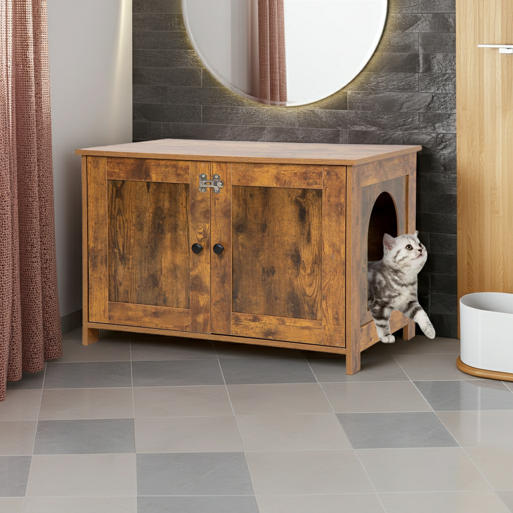Wooden cat washroom cabinet with arched opening and dark knobs on double doors