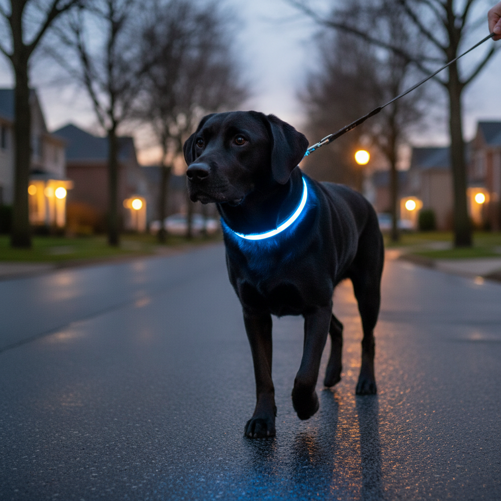 Black Lab with LED Glow Collar at Dusk