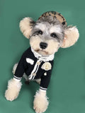 Pet knit cardigan sweater in black with white trim, heart pin and pearl details