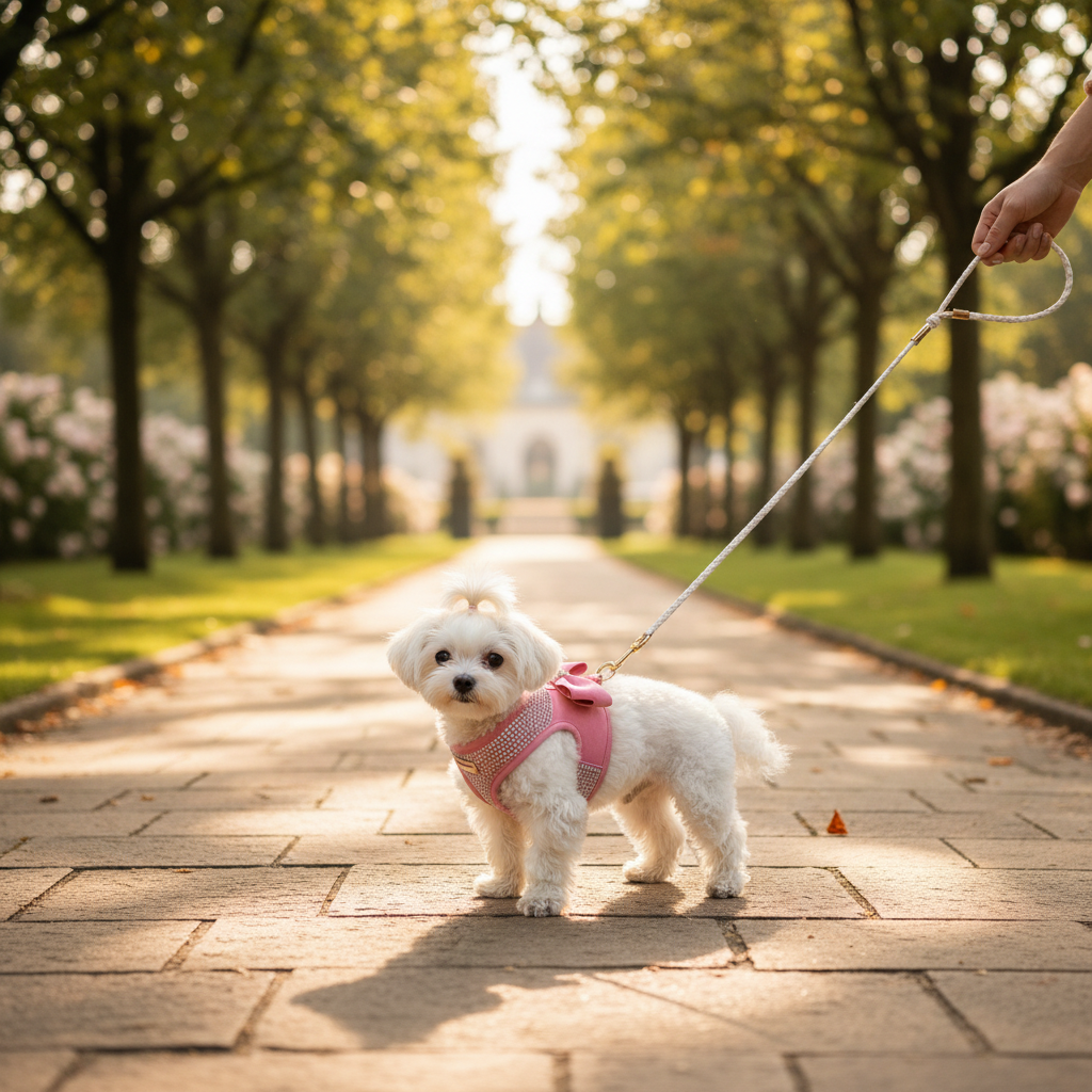 Pink rhinestone dog harness with sparkle bow, step-in style worn on small dog