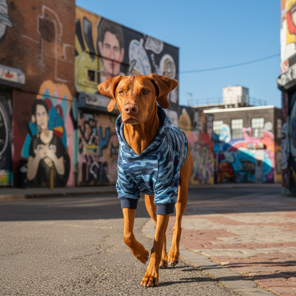 Blue camo logo print dog hoodie with hood and ribbed cuffs, two-leg design